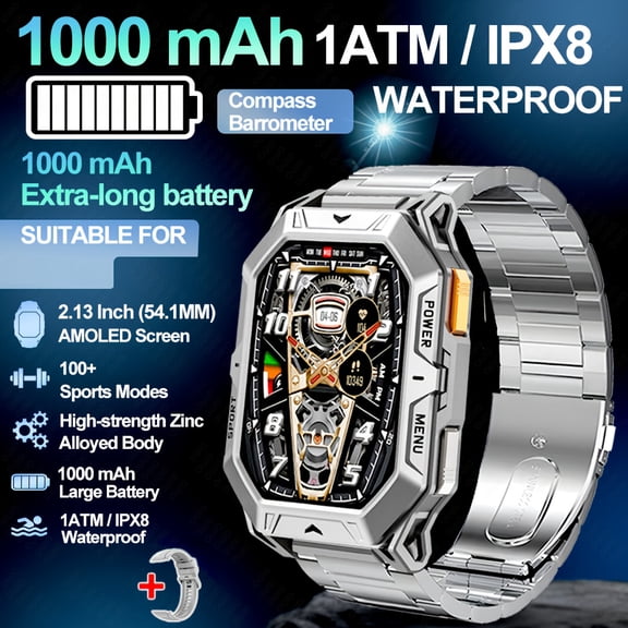 New Men's Sports Smart Watch, 2.13" AMOLED HD Screen, 1ATM Waterproof, Call Function, 1000mAh Battery, Compass, Health/Fitness Tracker