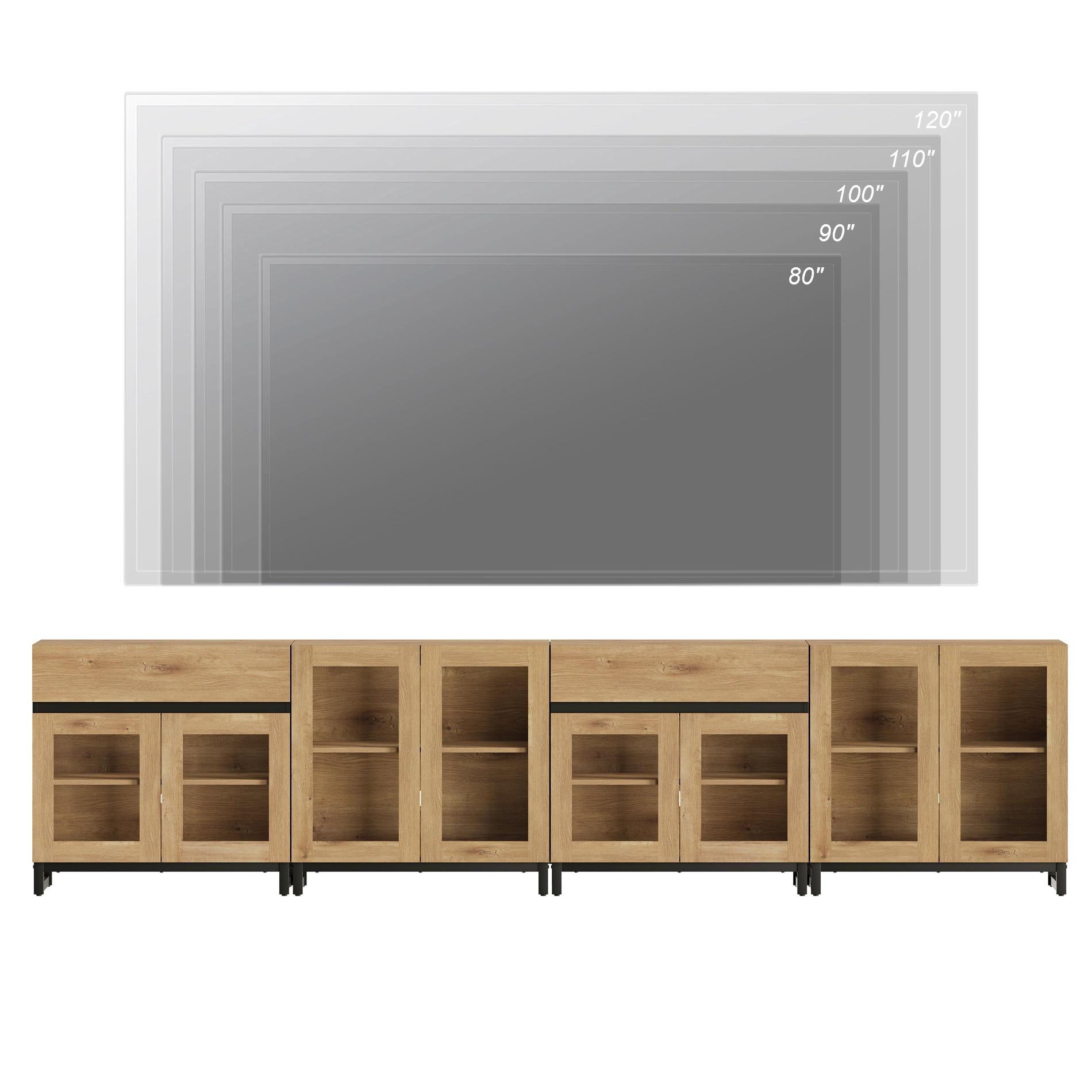 Modern TV Stand For Tvs Up To 120 Inches, 4 In 1 TV Console With Glass Doors And 2 Drawers, Entertainment Center With Adjustable Shelf For Living Room, Bedroom,Oak