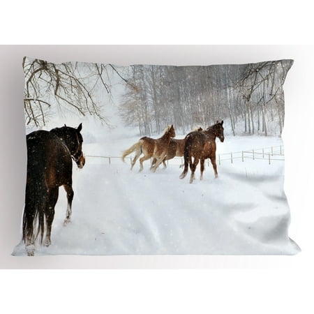 - Winter Pillow Sham Horses in the Snow Playing Having Fun in the Forest Seasonal Animal Photography, Decorative Standard Size Printed Pillowcase, 26 X 20 Inches, Brown White, by Ambesonne
