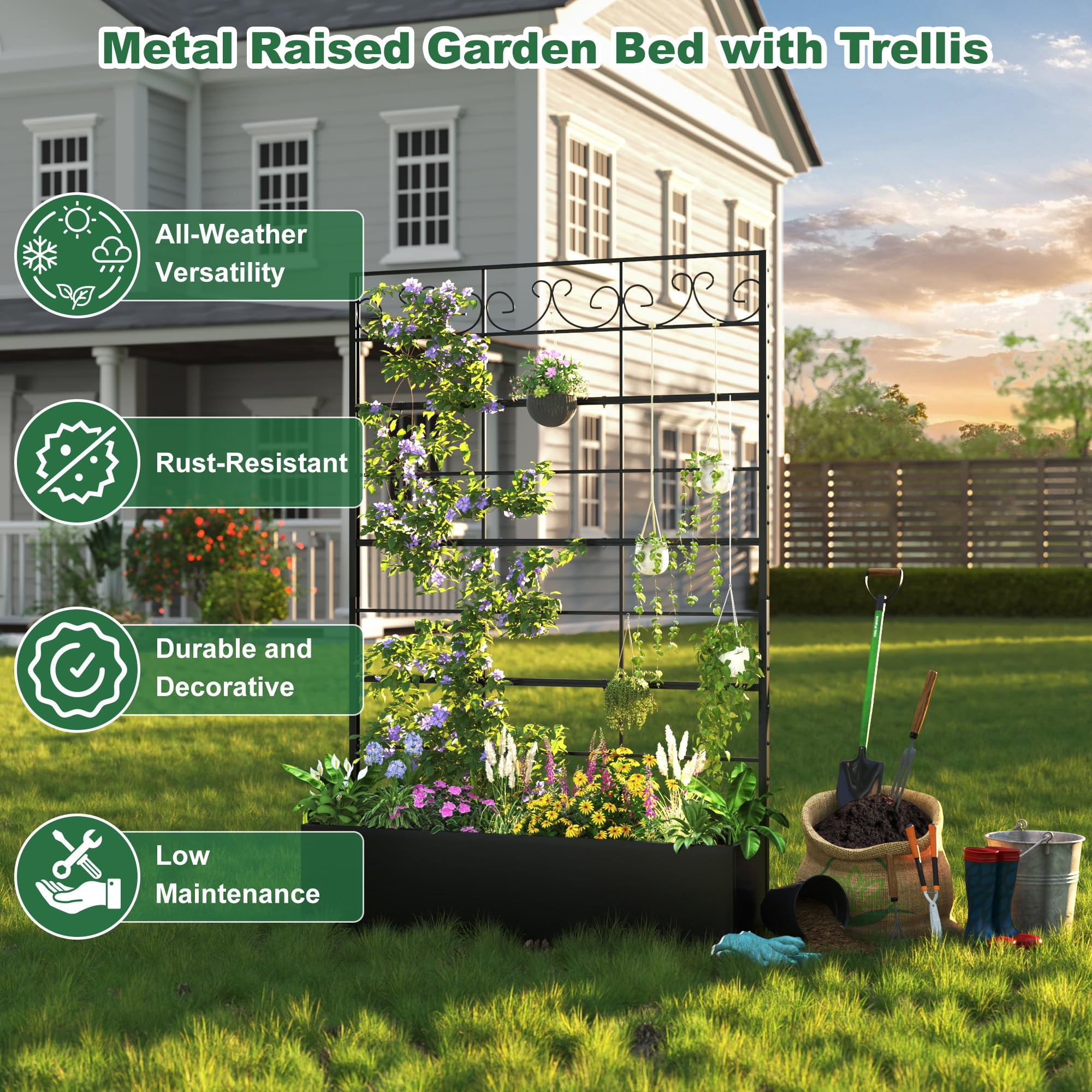 ANPOO Metal Raised Garden Bed with Trellis, 70.9"x47.2"x12" Outdoor Planter Box with Drainage Holes, Black Privacy Screen for Climbing Plants, Patio & Balcony