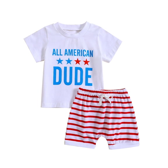 Wassery Baby Boys 2 Piece Summer Outfits 4th of July Shorts Sets Letter Print Short Sleeve T-Shirt and Elastic Striped Shorts 6 12 18 24 Months Infant Boy Independence Day Clothes