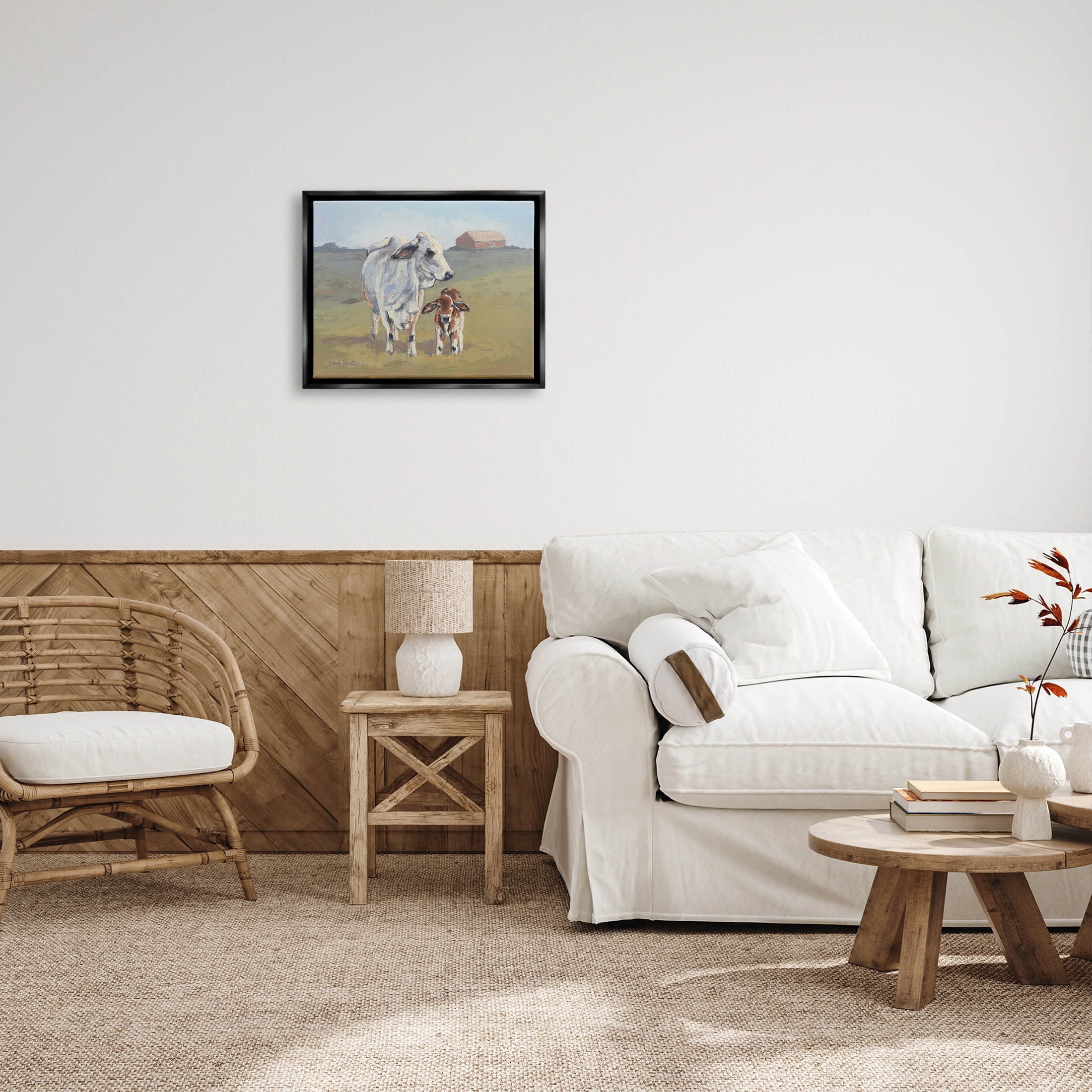 Baby Cow Family Farm Portrait Animals & Insects Painting Jet Black Framed Art Print Wall Art