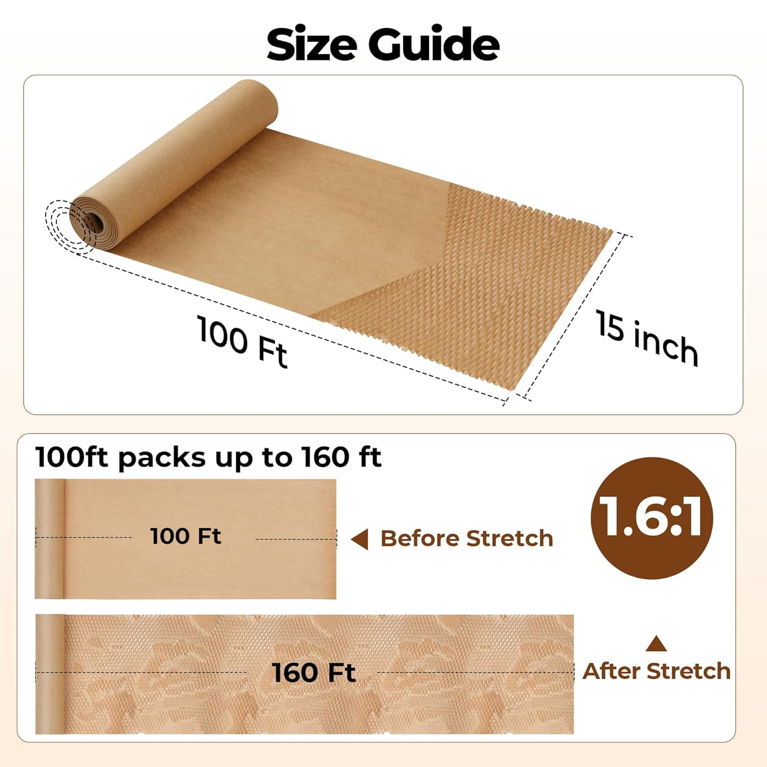 Honeycomb Packing Paper Eco-friendly: 15"x100' Cushioning Wrap Roll for Moving Shipping Packaging Gift Recyclable Supplies Substitute Bubble with 20 Fragile Sticker Labels