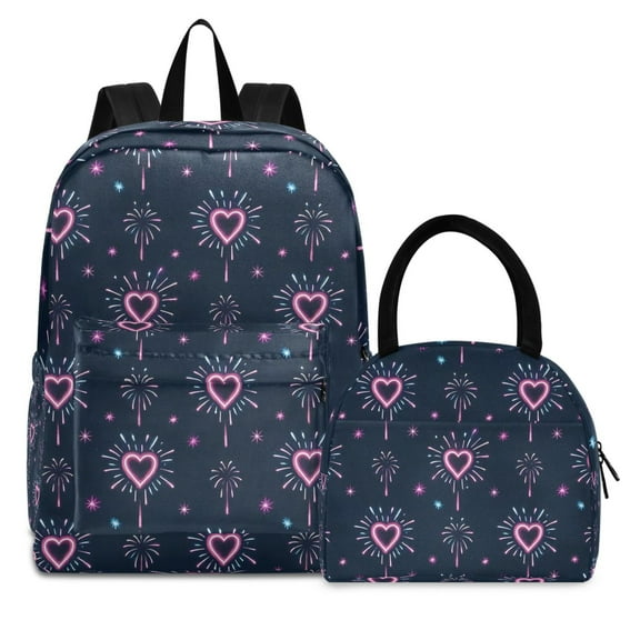 ALAZA Backpack Set Fireworks Hearts Elementary School Bags Student BookBag with Lunch Bag