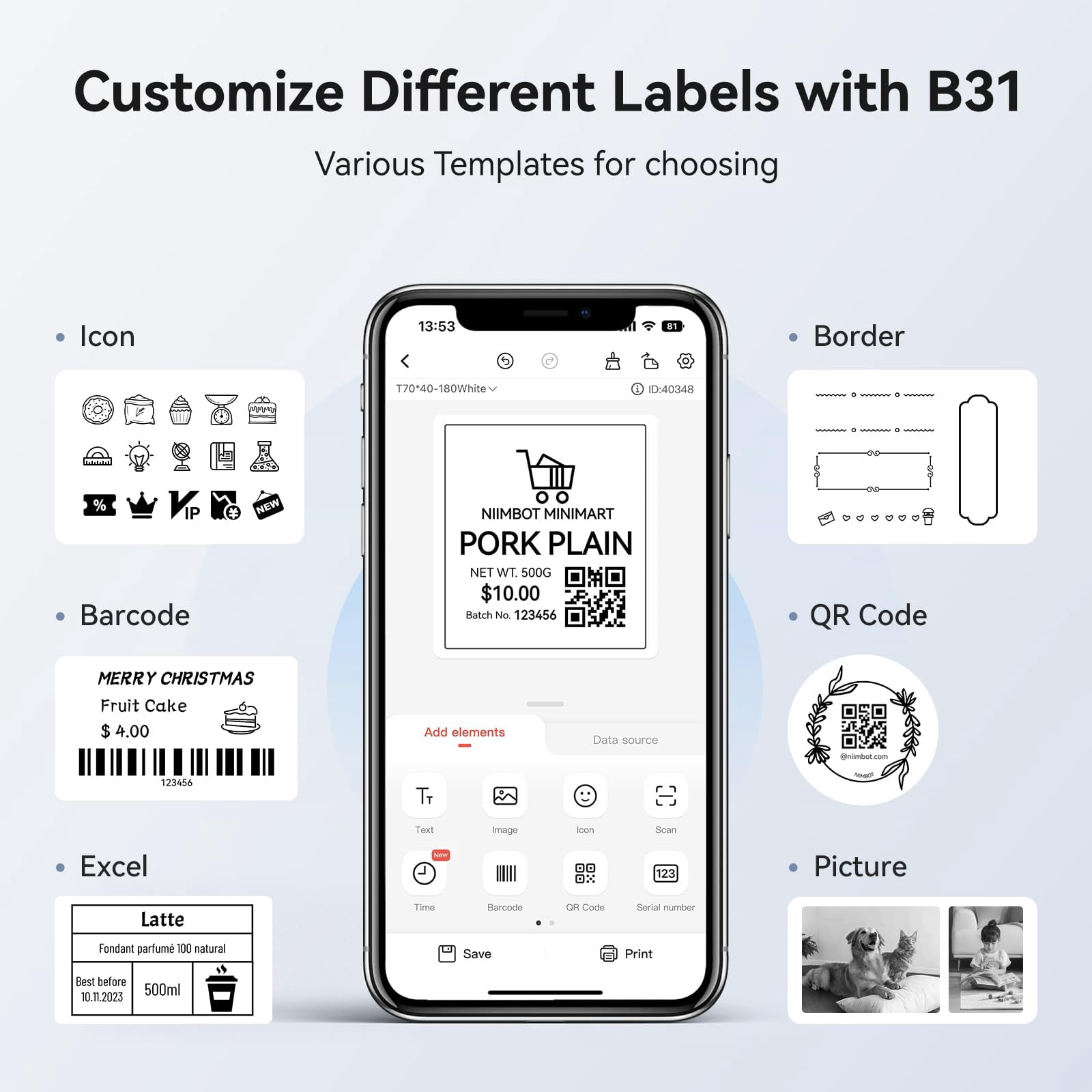 NIIMBOT B31 Label Maker Machine, 3 inches Barcode Label Printer Wireless Thermal Sticker Printer(Gray)