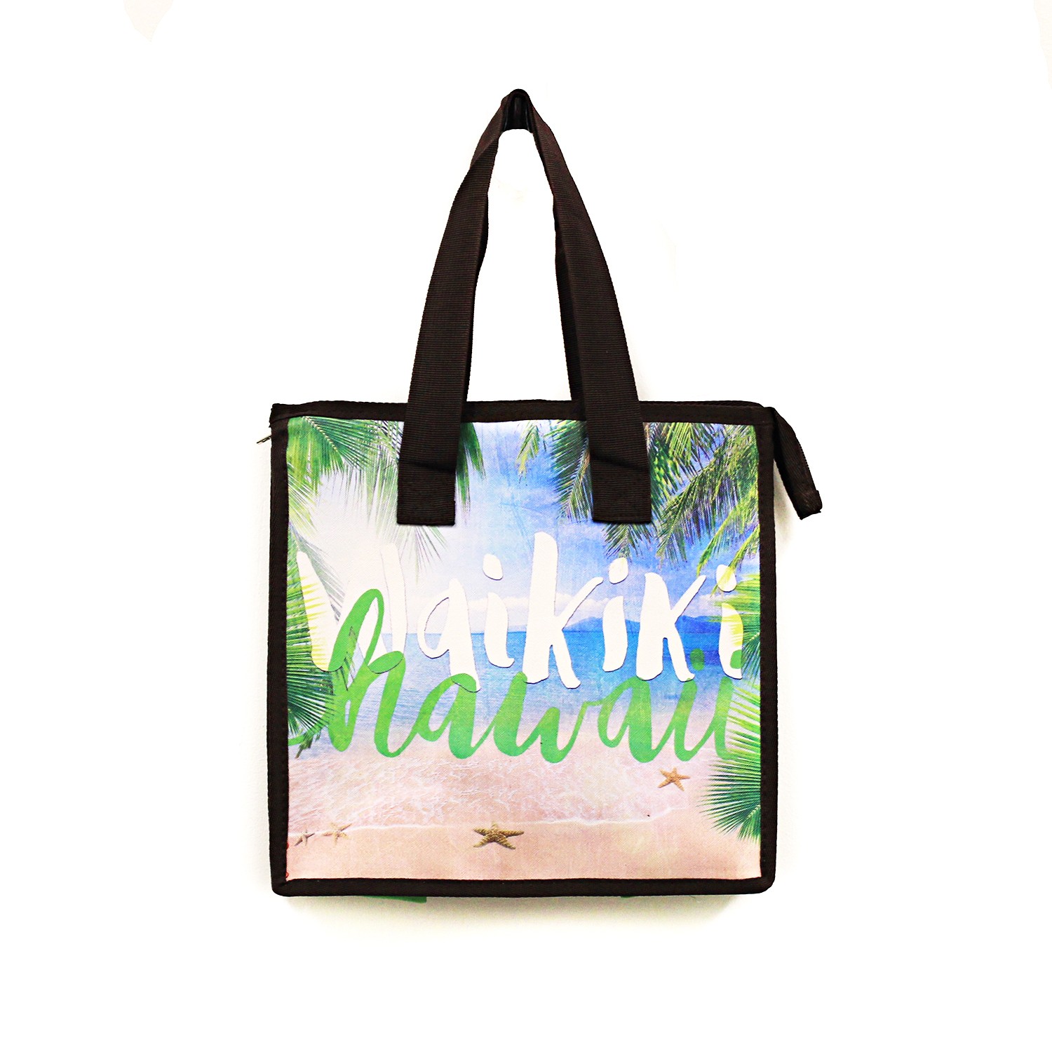 Hawaiian Print Thermal Insulated Zipper Lunch Bag Waikiki Hawaii Beach