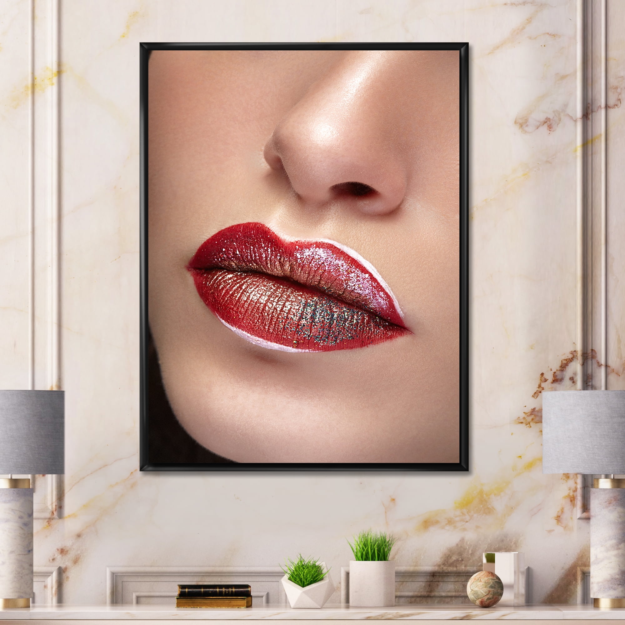 Designart 'Close Up Lips With Professional Lipstick and Make Up' Modern Framed Canvas Wall Art Print