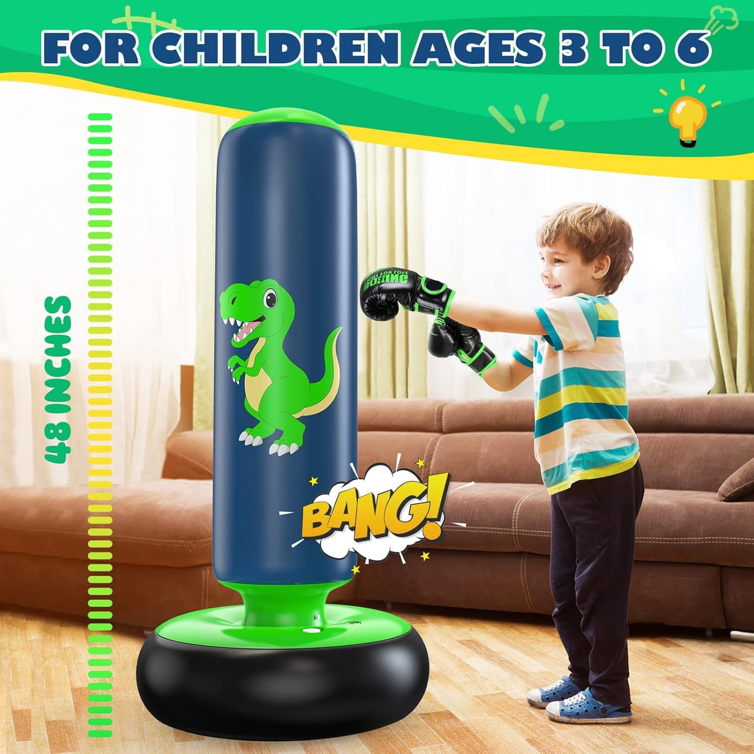 48" Inflatable Punching Bag for Kids, Lava Green Dinosaur with Blue Pillar, Dinosaur Bop Bag for Boys & Girls Ages 3-8