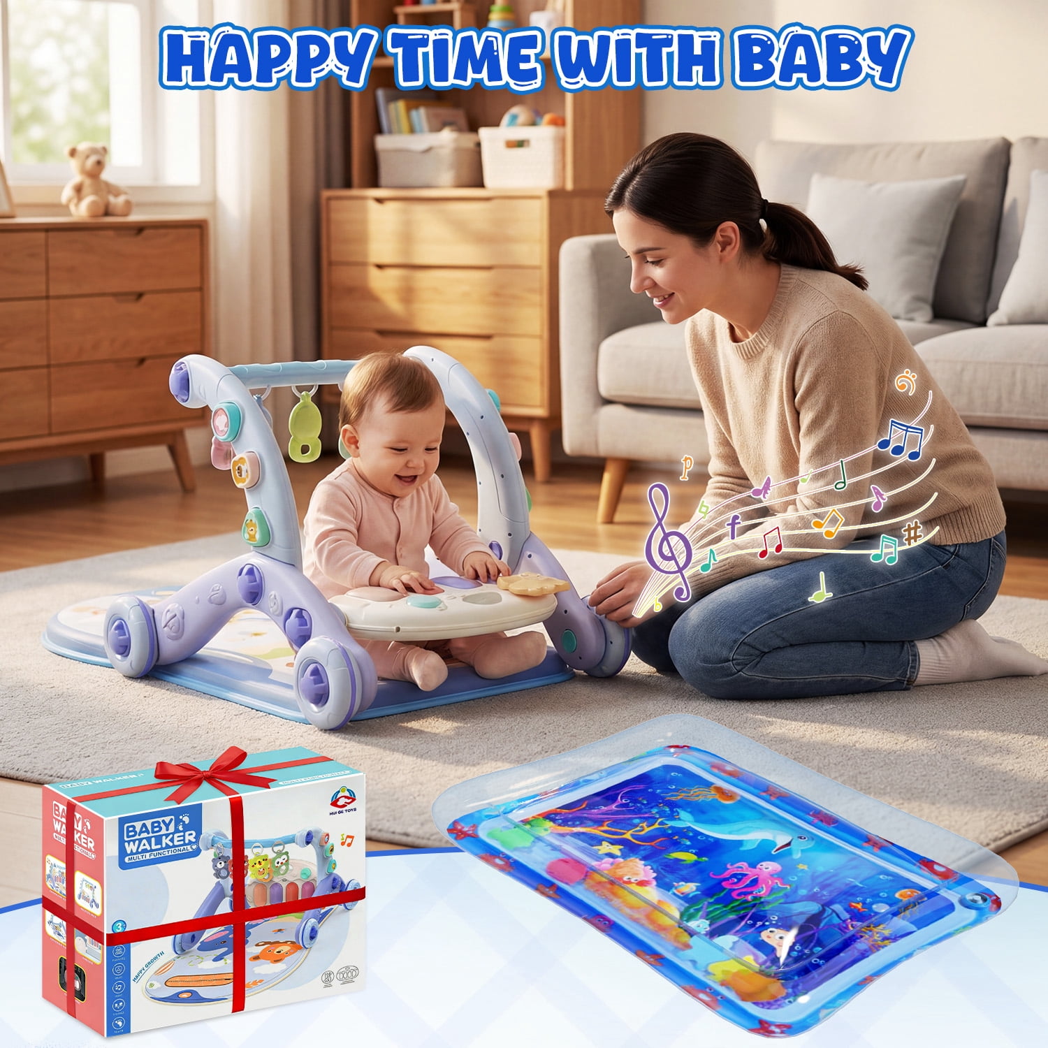 WonderStone 6-in-1 Baby Gym Play Mat, Activity Center Walker with Water Mat, 5 Infant Toys & Portable Musical Piano Panel for Babies 0–12 Months, Blue