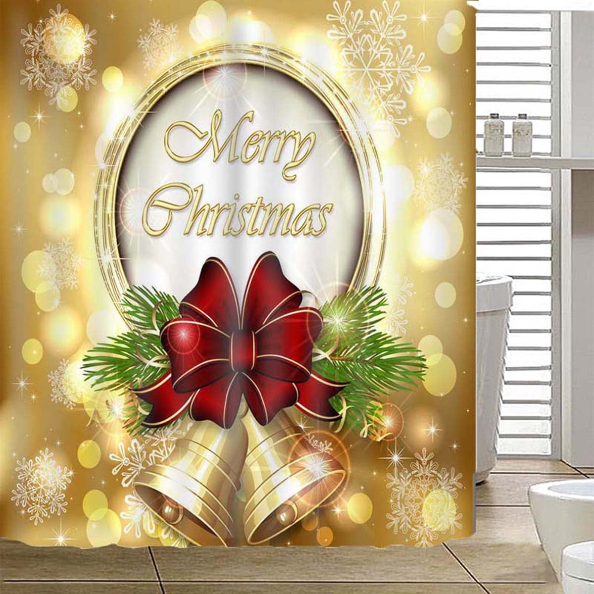 Merry Christmas Bow Bell Shower Curtain Anti-Slip Lid Toilet Cover Bathroom Mat 