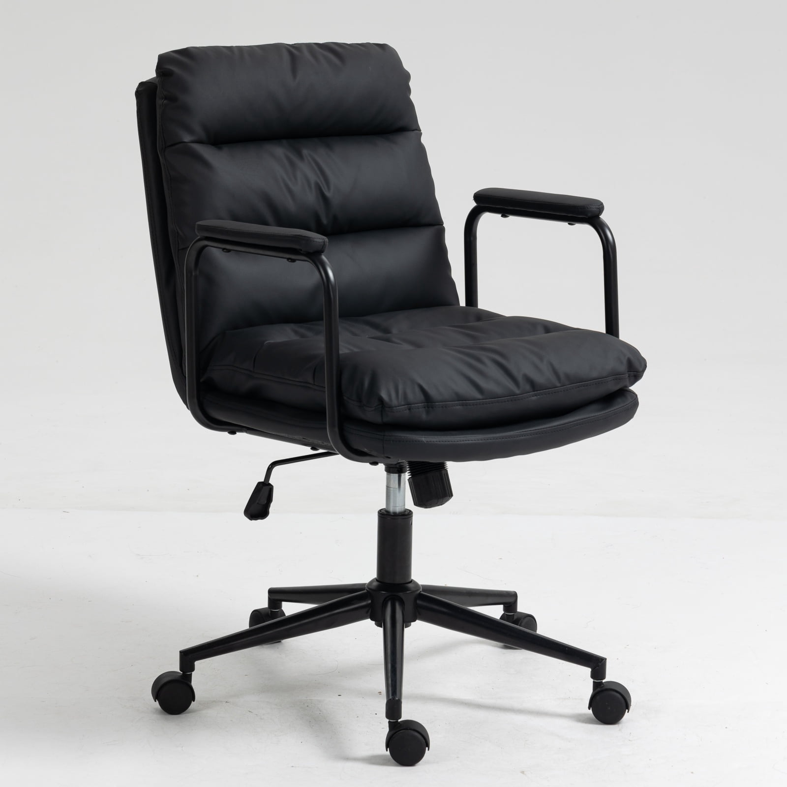 MAYEERTY Mid-Back Office Chair - PU Leather, Ergonomic, Padded Armrests, 40掳 Recline, Rolling Swivel, Black