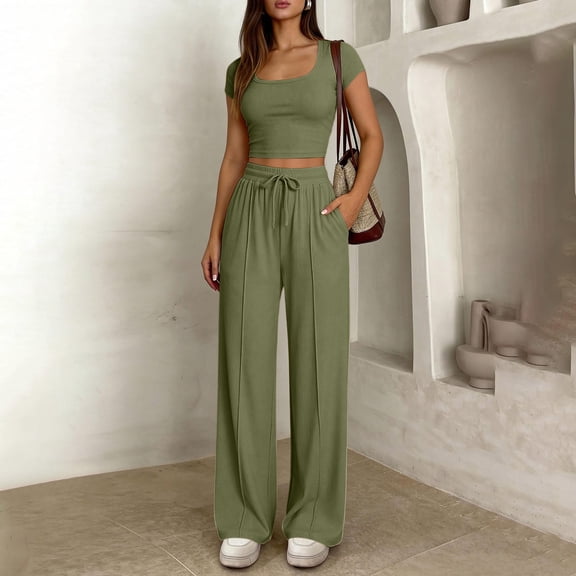 Uootdi Two Piece Sets for Women Summer Short Sleeve Square Neck Ribbed Crop Top Drawstring High Waist Wide Leg Pants Casual Daily Matching Outfits