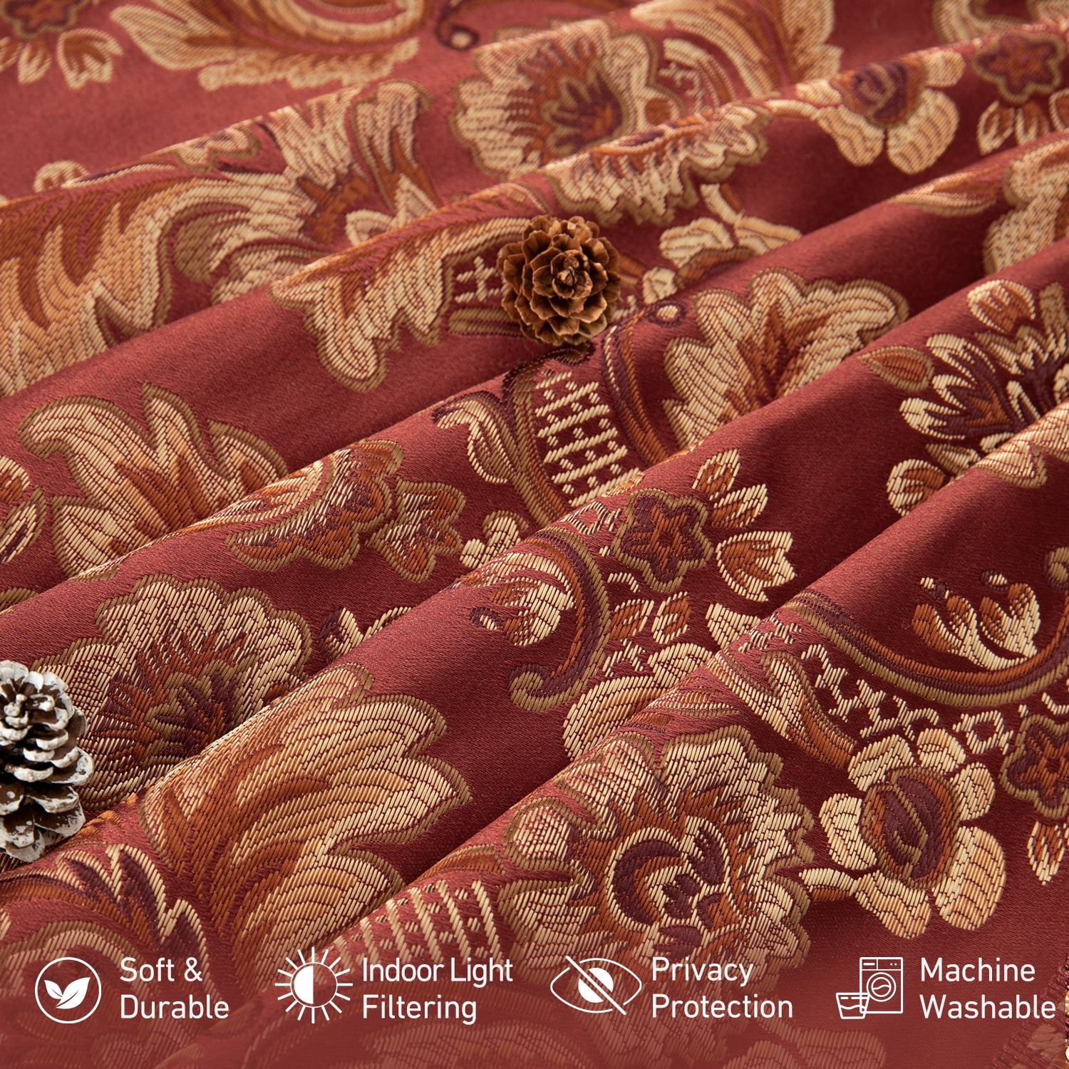 VOGOL Burgundy Damask Valance, Ultra Wide Swag Curtains with Beads 110x43 Inches for Bedroom