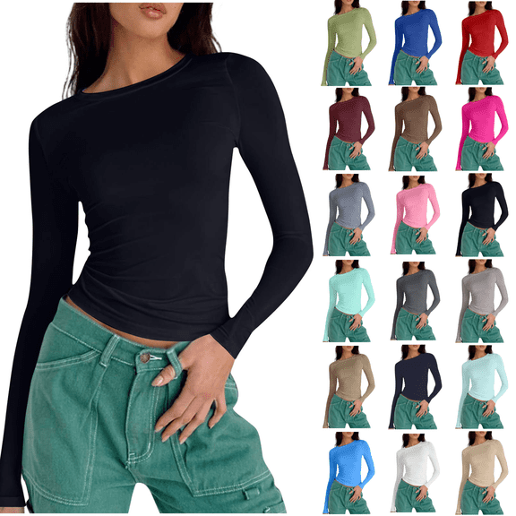 cocolona Crop Tops for Women Crew Neck Long Sleeve T-shirts Fashion Casual Solid Color Slim Tees Lightweight Blouses