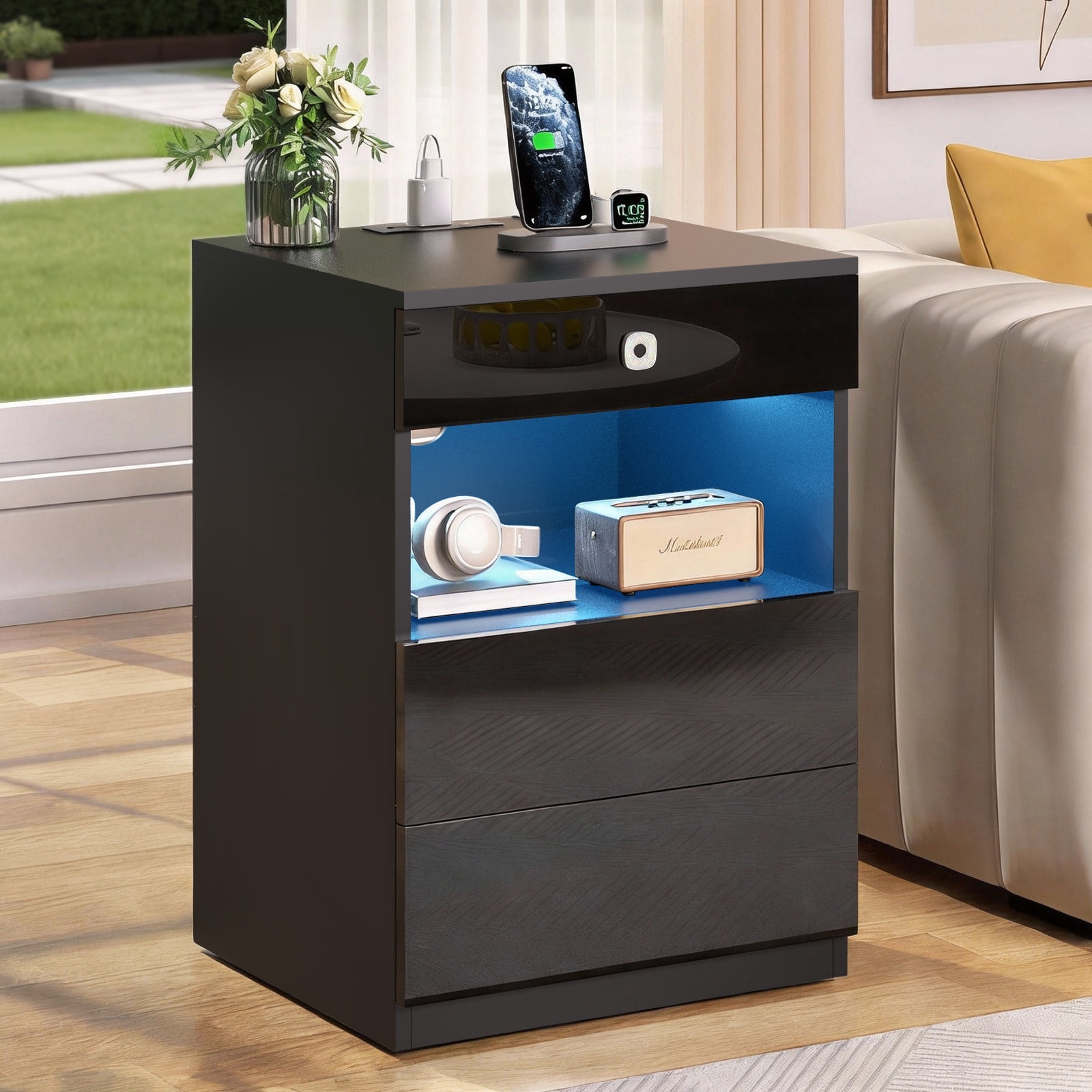 Hommpa Biometric Fingerprint Lock Nightstand with Charging Station, Black Smart LED Bedside Table with Lockable Drawer for Gun Safe, Modern High Gloss 3 Drawers End Table for Bedroom