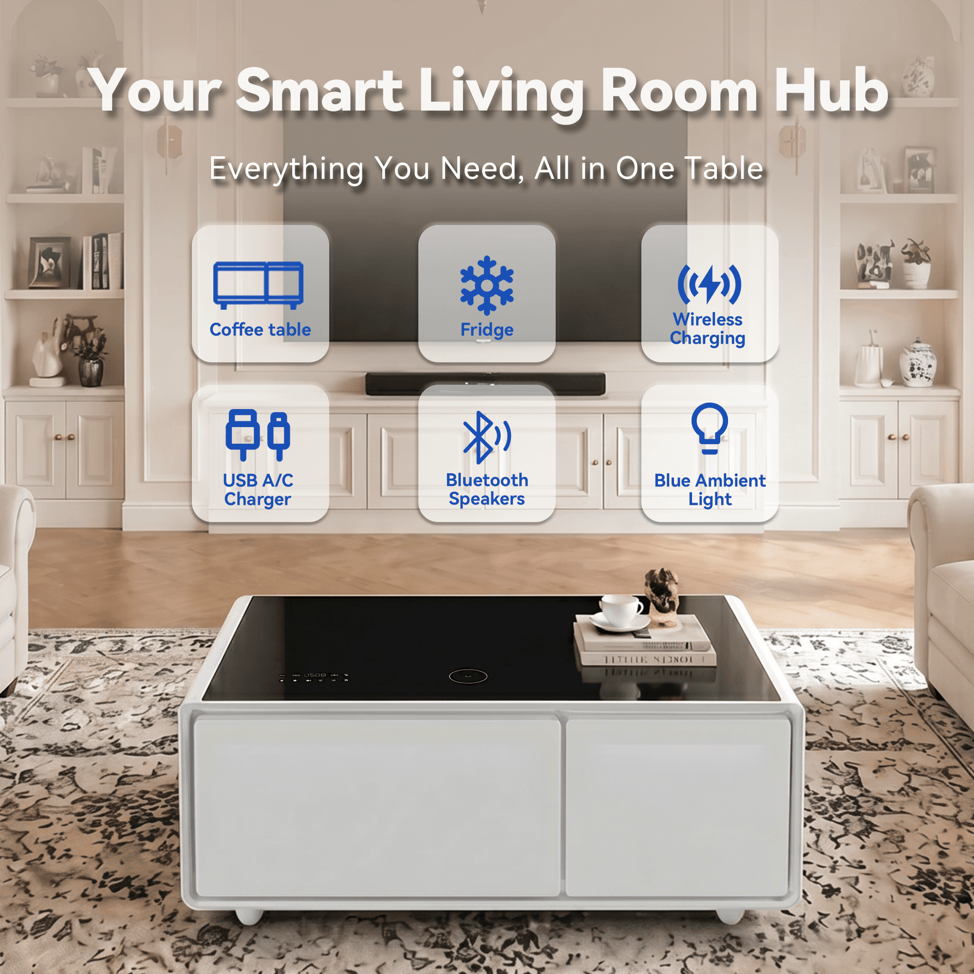 LIVTAB Smart Coffee Table, 23" D x 41.5" W x 18.2" H, Living Room Table with Built in Fridge and Speakers, Smart Table with 15W Wireless Charging, USB Chargers and 110V Outlets, White