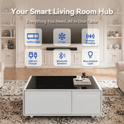 LIVTAB Smart Coffee Table, 23 D x 41.5 W x 18.2 H, Living Room Table with Built in Fridge and Speakers, Smart Table with 15W Wireless Charging, USB Chargers and 110V Outlets, White