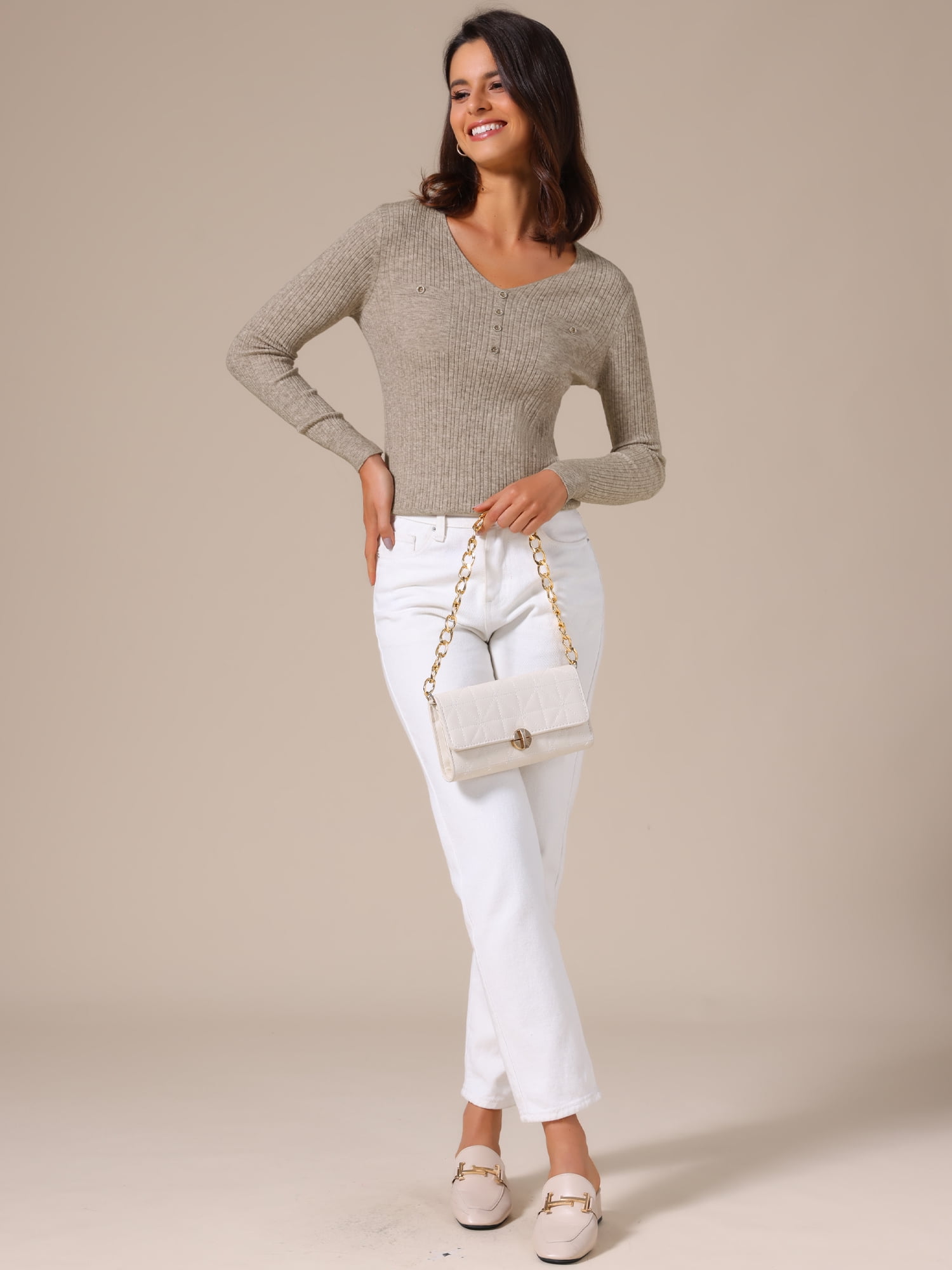 DARING DIVA Women's Long Sleeve Button Decor V Neck Ribbed Knit Sweater XL Khaki