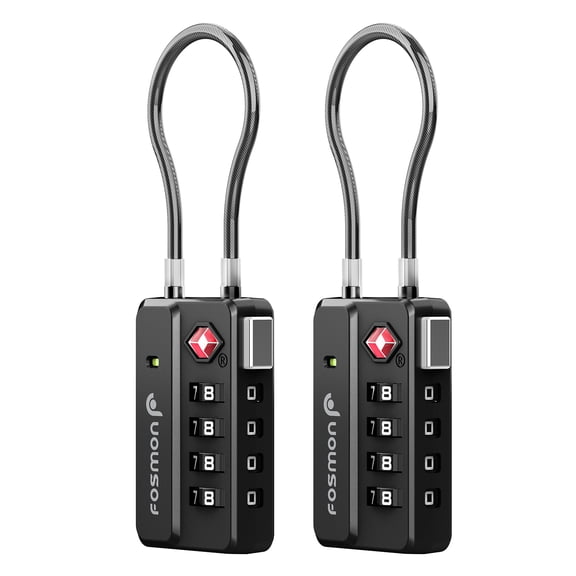 Fosmon 2 Pack Luggage Locks approvded by TSA with Open Alert Indicator, 4 Digit Cable Luggage Locks, Combination Travel Locks for Suitcase, Locker & Backpack, Zinc Alloy, Black