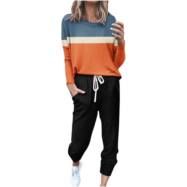 KIHOUT Survêtement pour Femmes Ensemble 2 Pcs Imprimé en Blocs de Couleur Manches Longues Col Rond Hauts Décontractés Pantalons String Jogger Ensemble de Détente