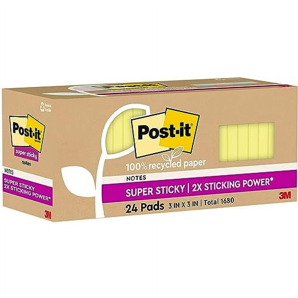 Post-it Super Sticky Recycled Notes, 3 in x 3 in, 24 Pads, 70 Sheets/Pad, 2x the Sticking Power, Canary Yellow, 100% Rec