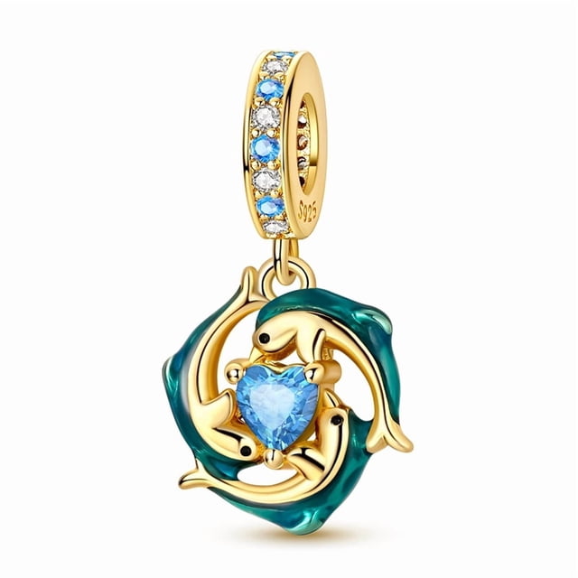 Dije de Delfín Dorado Corazón Bañado en Plata