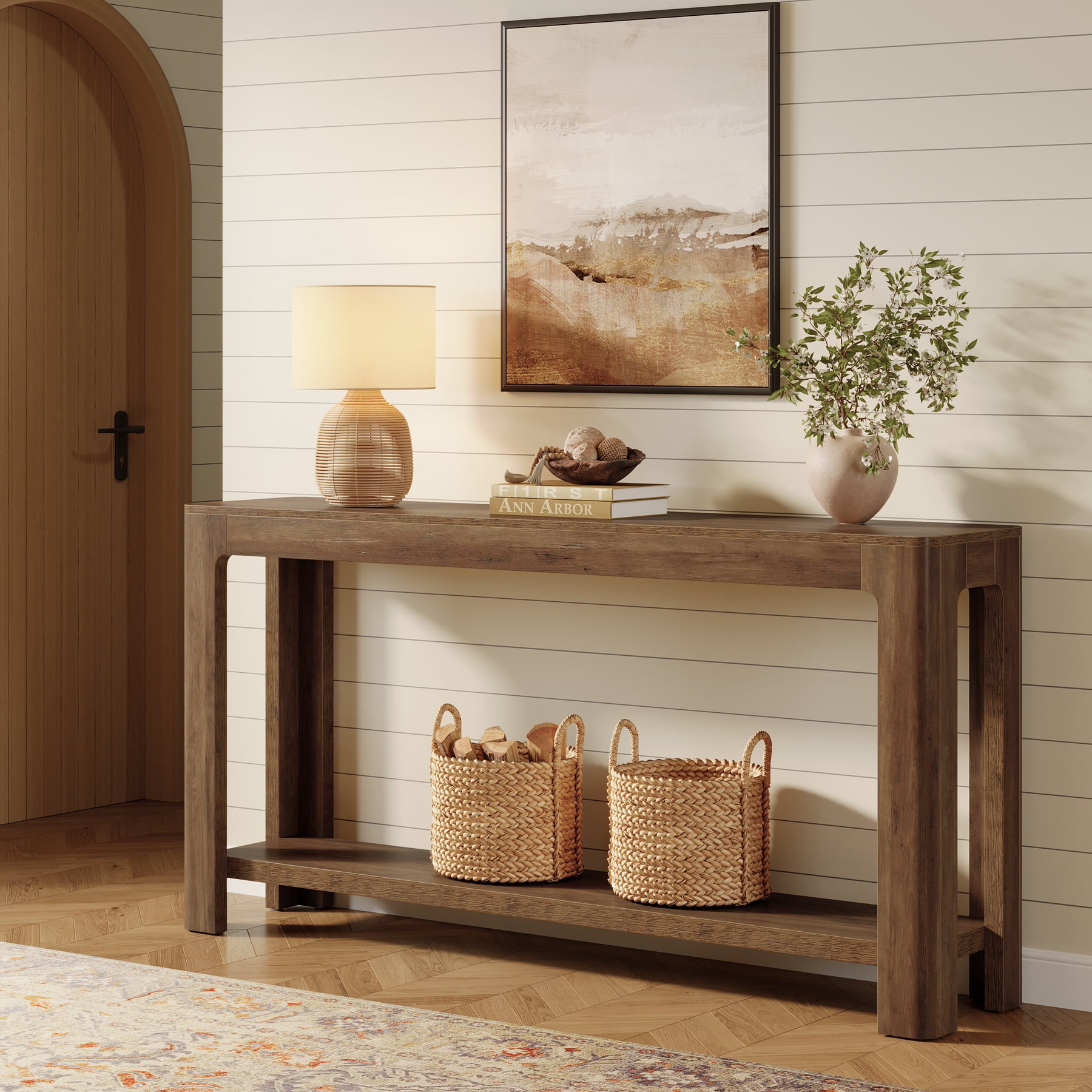 Finmind 63 Inch Rustic 2-Tier Entryway Console Table, Narrow Sofa Table, Accent Furniture for Foyer and Hallway, Rustic Brown