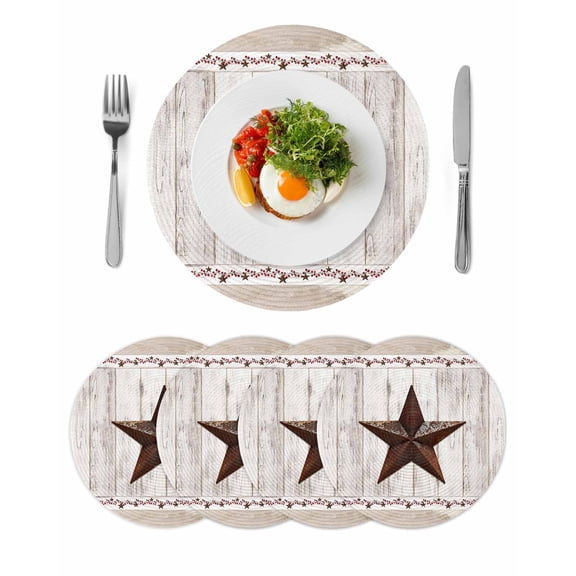 Farmhouse Round 13 Inch Placemats Set of 4, Rustic Brown Country Star Barn Berry Wooden HeatResistant Non Slip Place Mats for Dining Table, Wipeable Braided Kitchen Table Mats for Housewarming