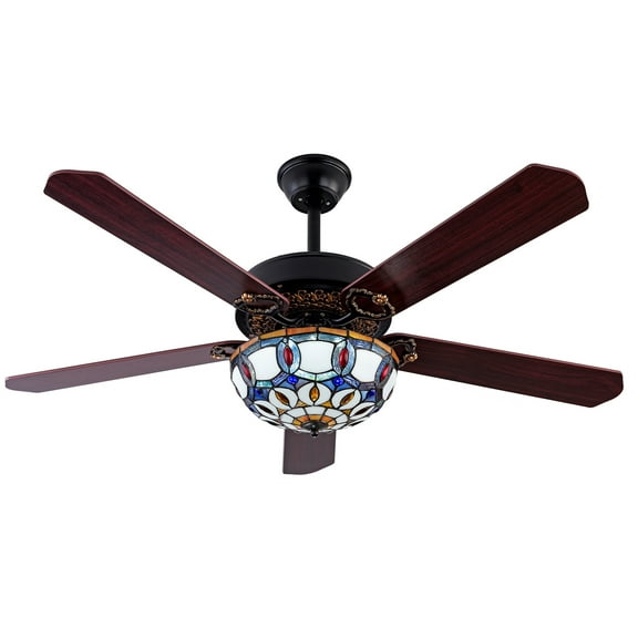 TFCFL 52'' Tiffany Ceiling Fan Light 3 Speed 5 Wood Blade Fan Chandelier with Remote Control