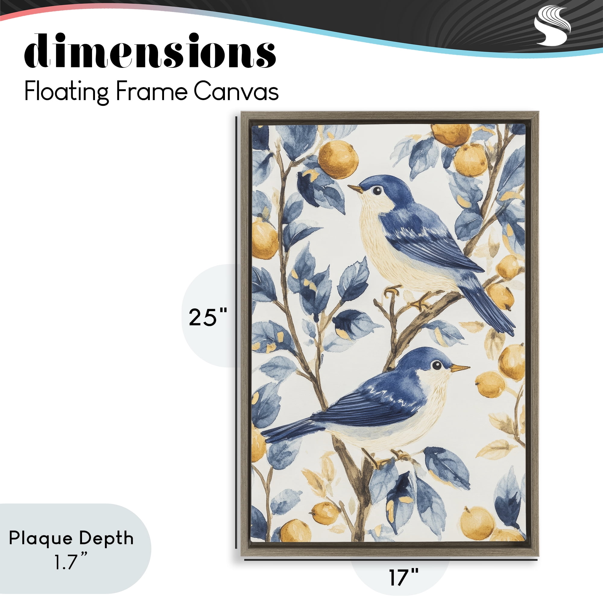 Stupell Industries Sweet Blue Birds on Lemon Branch Brown Framed Floater Canvas Wall Art, design by Petal Prints Design