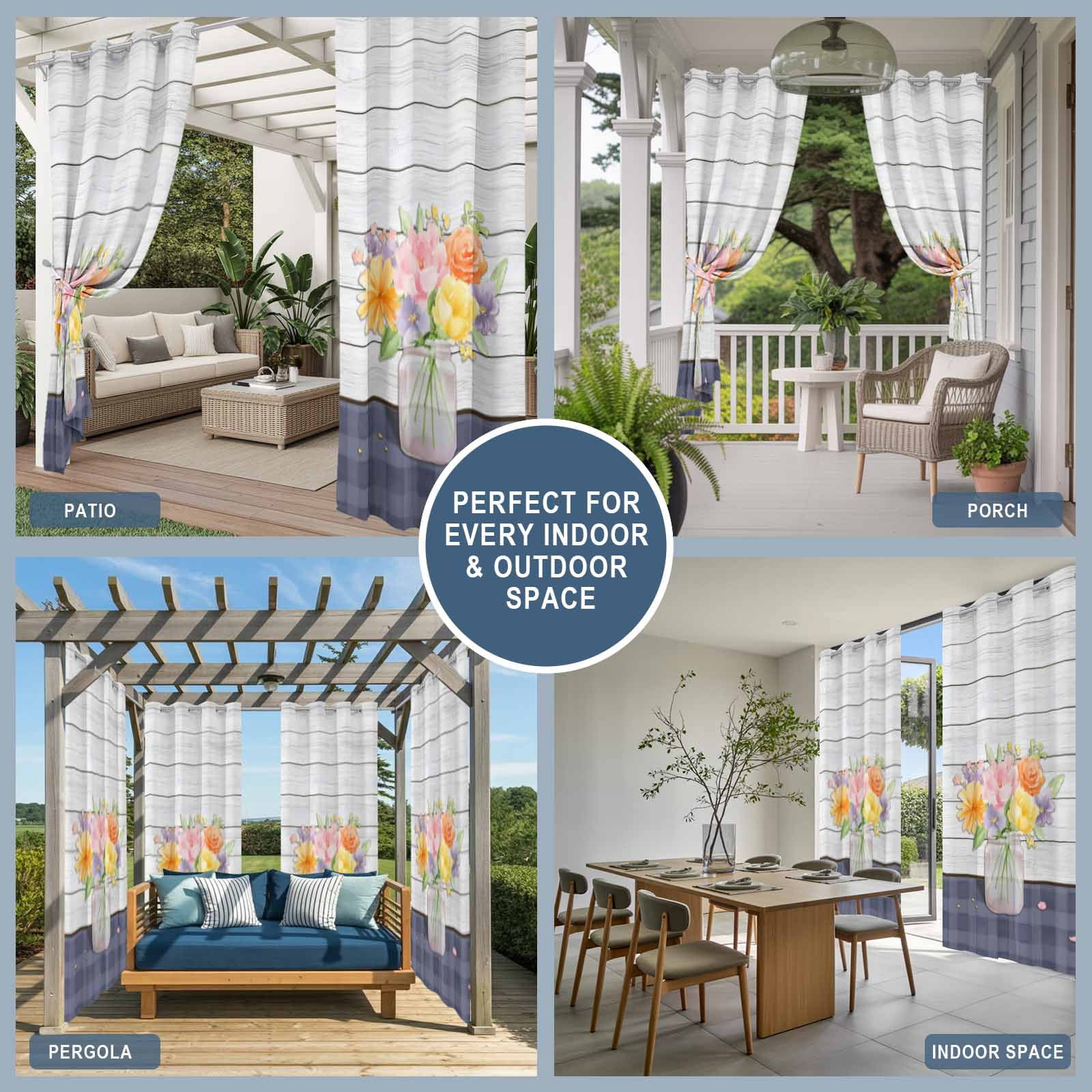 Spring Flower Outdoor Curtains for Patio, Country Farmhouse Floral Bouquet Wood Grain Blue Plaid Sunshade Privacy Drapes Grommet Waterproof Outside Curtains for Porch/Cabana/Balcony 54"x108", 1 Panel