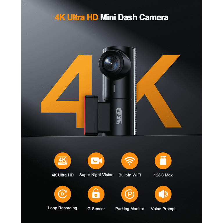 4K Wifi Dash Cam Front and Rear with 64GB Sd Card,3.5 Small Dash Camera  for Car