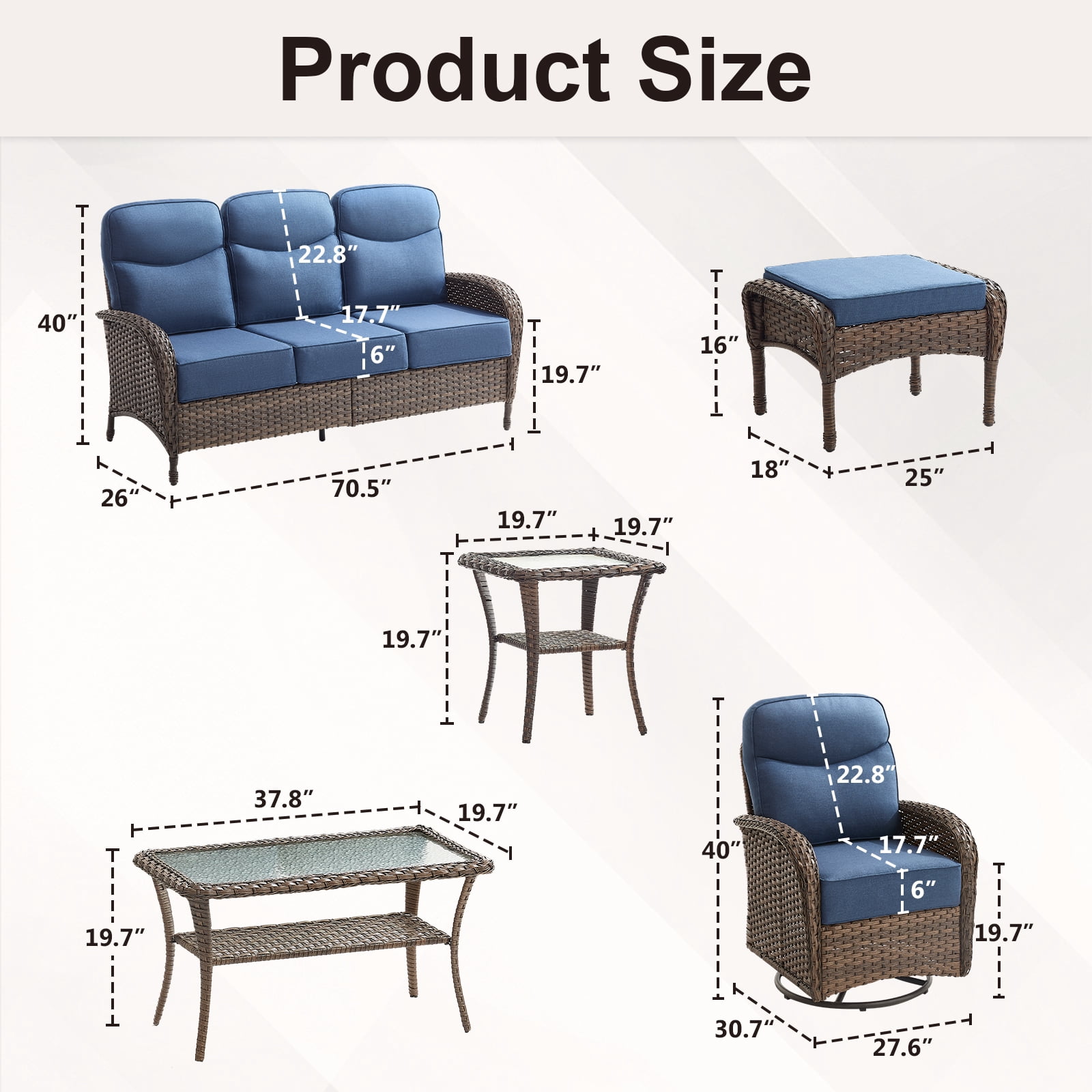 POCASSY 7 Pieces Patio Furniture Set with 6-inch Thick Cushion, Brown Wicker High Back Outdoor Couch and Swivel Glider Patio Chairs, Sectional Patio Set Ideal for Front Porch Backyard , Blue Cushion
