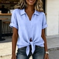 thumbnail image 5 of hlysgo Womens Collared V-neck Tops Tie Front Casual Rolled Short Sleeve Blouse Summer Linen Loose Fit Shirt Tee Light Blue,M, 5 of 6
