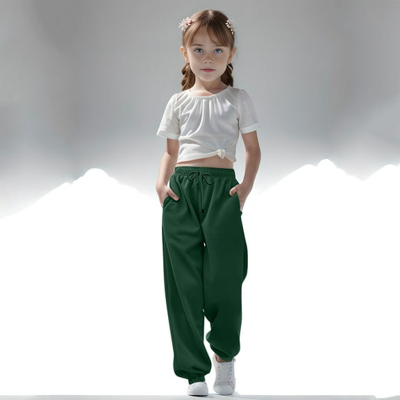 nerohusy Kids Girls Baggy Sweatpants Fall Trendy Elastic Waist Cinch Bottoms Heavyweight Jogger Trackpants Athletic Running Wear Army Green,5 Years