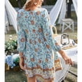 thumbnail image 3 of Vestido con estampado floral con cuello en V Vestido elegante con cintura suelta y dobladillo con volantes elásticos y lazo con borlas para citas Azul M, 3 of 8