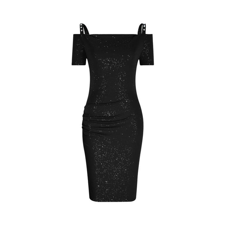 janie and jack black and white dress Dappled Sequin Rouched Off-Shoulder Gown – Black main image 1