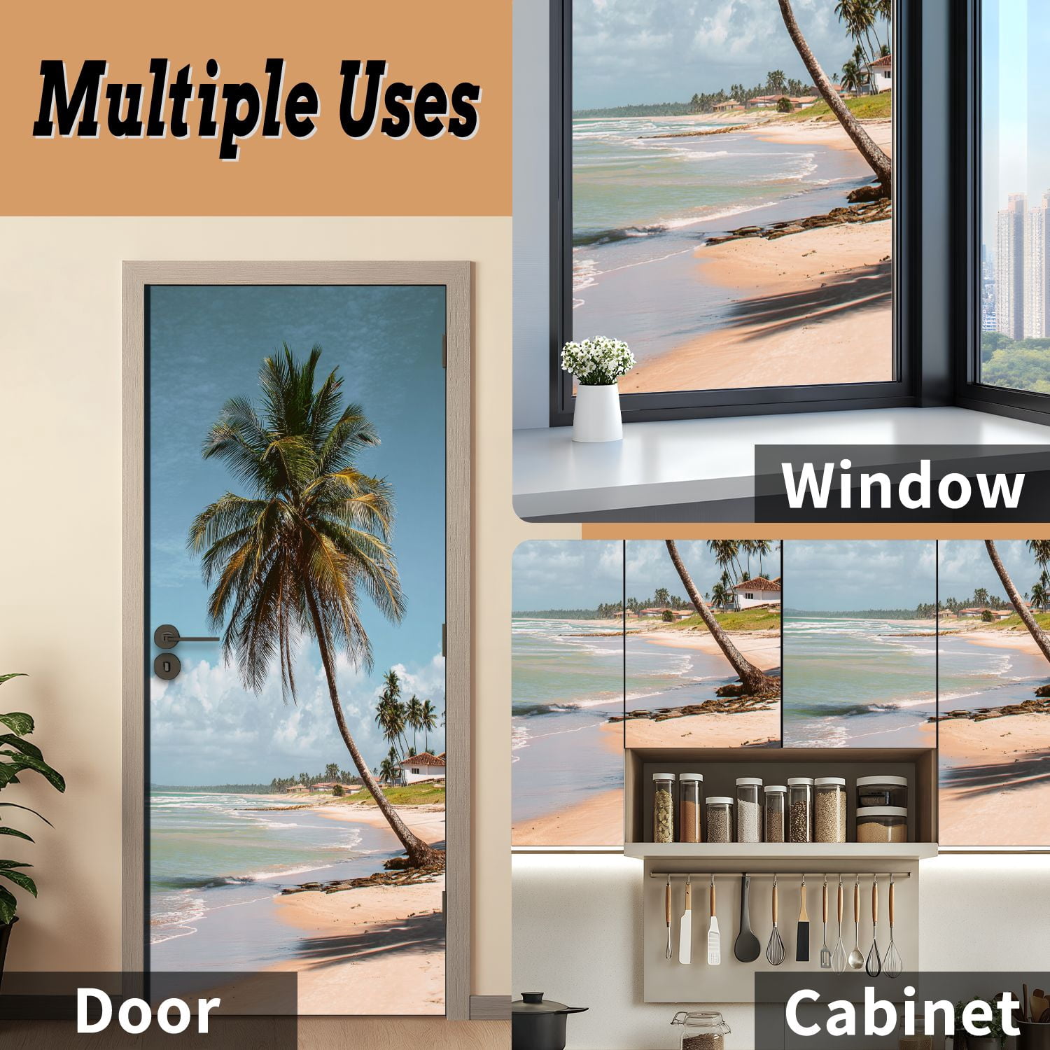 Self Adhesive Vinyl Refrigerator Wrap Set Tropical beach Door Mural Removable Fridge Sticker Peel and Stick&nbsp;Full Door Cover Decal Kitchen Bar Decor