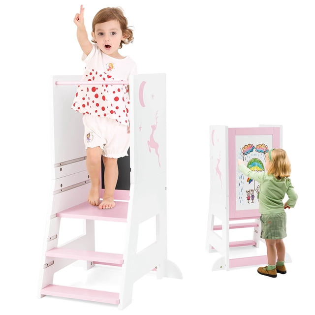 Costway Toddler Kitchen Stool Helper Baby Standing Tower with Chalkboard & Whiteboard Pink