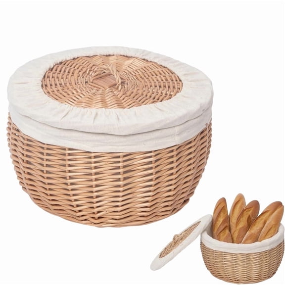 XISELI Wicker Bread Basket Serving with Lid & Removable Lining, Sourdough Proofing Basket,Eco-friendly Bread Storage basket Ideal for Picnics & Dining (12 inch Round)