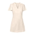 thumbnail image 4 of Dolkfu Faux-Wrap Women'S Clothing Short Sleeve Mini V-Neck Beige Dresses Relaxed Fit Cotton Blend Modern Solid Retro Vintage Garments Beige,L, 4 of 5