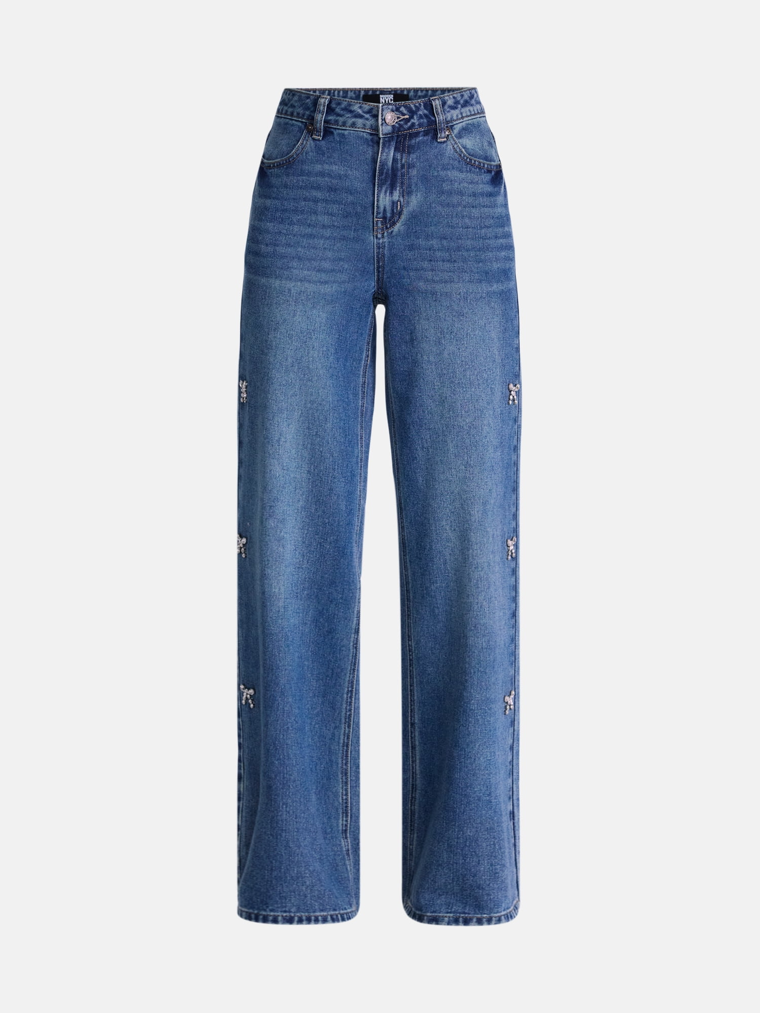 Madden NYC Women’s Ultra 90's Jeans with Rhinestone Bows, 32'' Inseam, Sizes 00-18