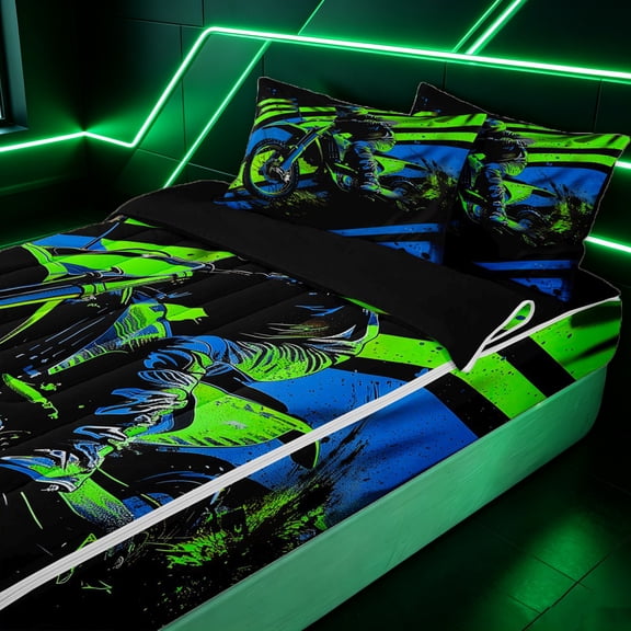 Erosebridal Neon Green Blue Motorbike Zipper Twin Comforter Sets with Fitted Sheet and 2 Pillowcases for Boys Men, Ink Splash Stripes Zipper Bedding Set, Black Reversible, 4-Piece