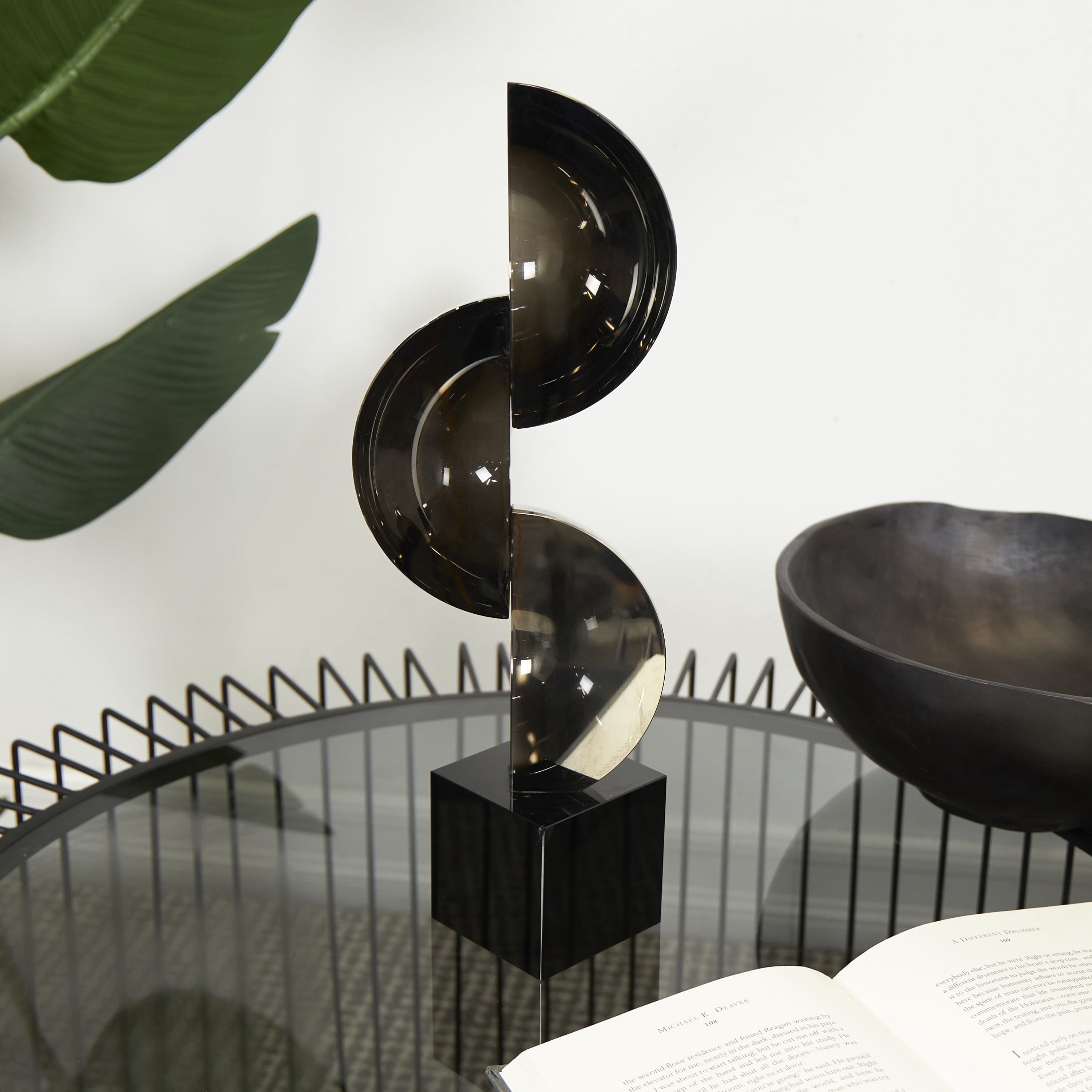 5" x 16" Dark Gray Crystal Quartered Stacked Orbs Geometric Sculpture with Square Black Base, by DecMode