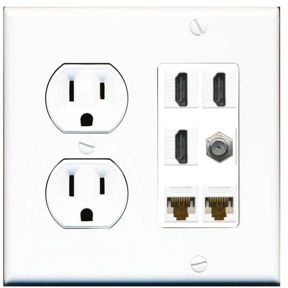 Ultra Spec Cables 3 Port HDMI Coax 2 Cat6 Ethernet Wall Plate w/Round Power Outlet