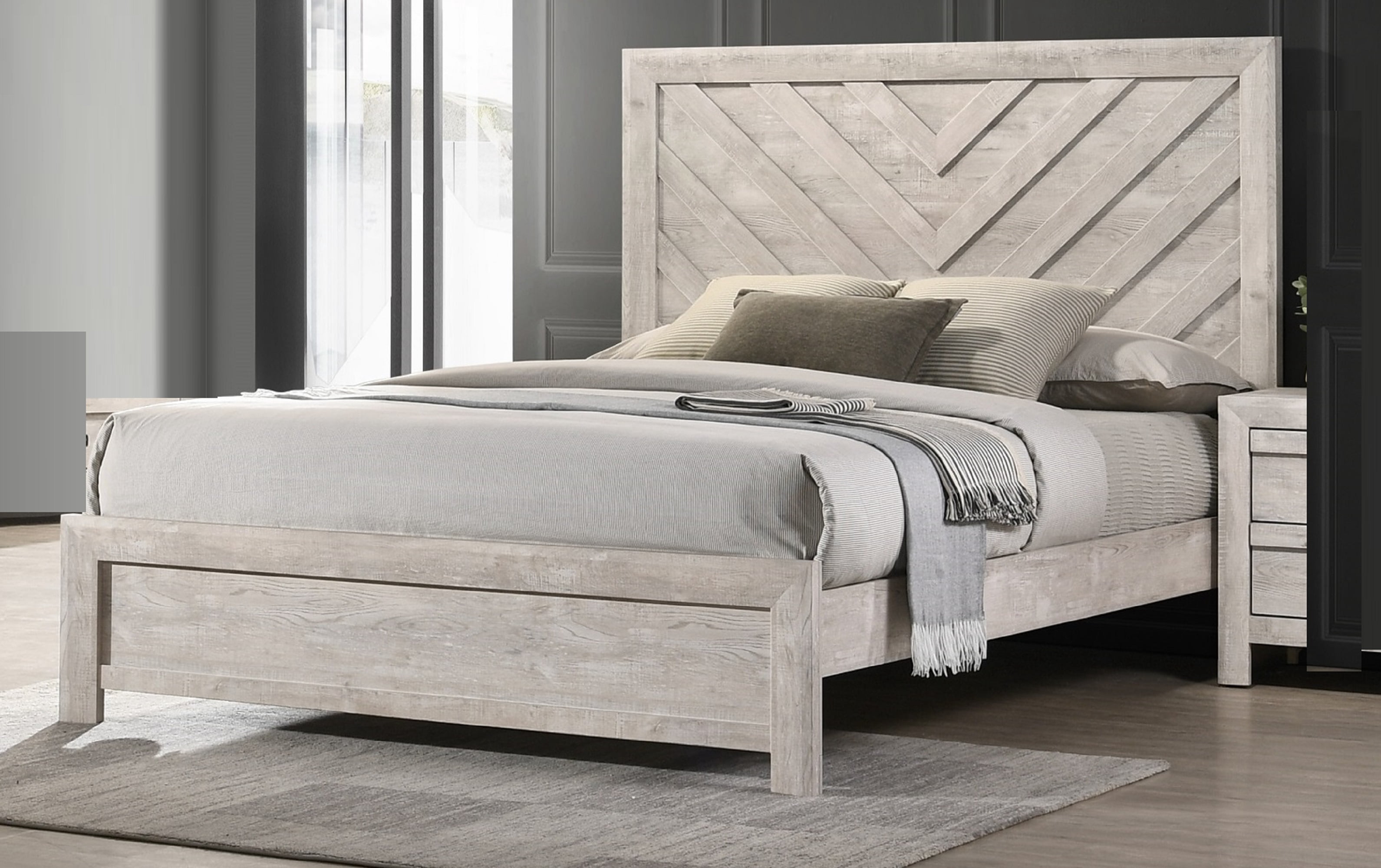 Bed Frame 1pc King Size Bed Rustic Beige Gray Finish Wooden Bedroom Furniture Geometric Design Chevron Pattern
