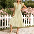 thumbnail image 2 of WRKEKC Robes Midi pour Femmes à Rayures à Double Volant Manches Courtes Col en V Midi Entretien Facile Extensible Confort Chic Doux, 2 of 5