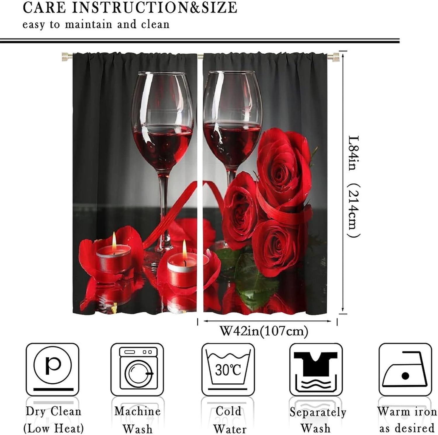 Red Rose and Wine Kitchen Curtains Women Floral Drapes Girls Valentine Decor Cafe Blackout Rod Pocket Red Curtains for Kitchen Bedroom Living Room Romance Love Print Window Drapes 84x84in