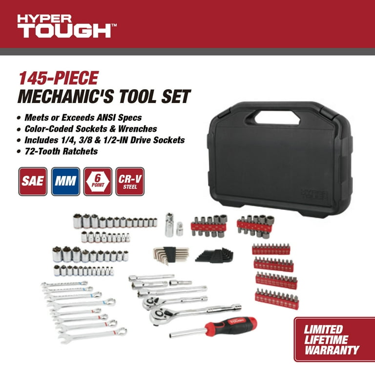 Hyper Tough 145-Piece Mechanics Tool Set, 1/4, 3/8 & 1/2-inch