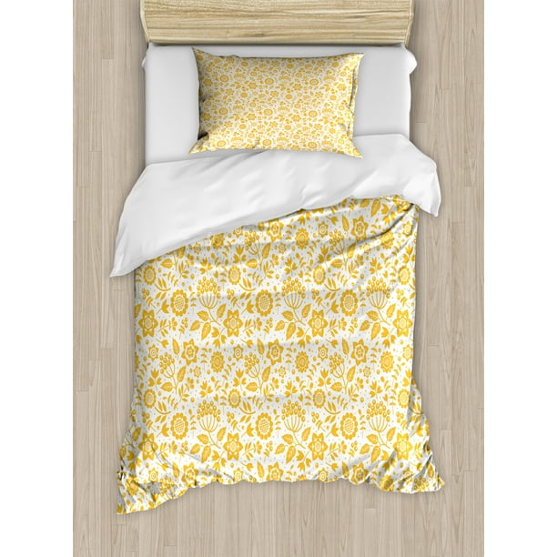 Yellow Flower Twin Size Duvet Cover Set, Rustic Composition with